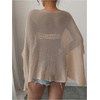 image:imageRoseSeek Womens See Through Knit Poncho Shawl 34 Sleeve Split Asymmetrical Shrug Sweater Cover UpKhaki