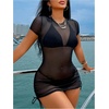 image:imageRoseSeek Womens Sheer Mesh Drawstring Ruched Swimsuit Beach Dress Bathing Suit Cover UpBlack