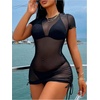 image:imageRoseSeek Womens Sheer Mesh Drawstring Ruched Swimsuit Beach Dress Bathing Suit Cover UpBlack