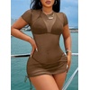 image:imageRoseSeek Womens Sheer Mesh Drawstring Ruched Swimsuit Beach Dress Bathing Suit Cover UpCoffee Brown