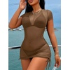 image:imageRoseSeek Womens Sheer Mesh Drawstring Ruched Swimsuit Beach Dress Bathing Suit Cover UpCoffee Brown