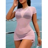 image:imageRoseSeek Womens Sheer Mesh Drawstring Ruched Swimsuit Beach Dress Bathing Suit Cover UpLight Pink