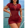 image:imageRoseSeek Womens Sheer Mesh Drawstring Ruched Swimsuit Beach Dress Bathing Suit Cover UpRed