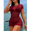 image:imageRoseSeek Womens Sheer Mesh Drawstring Ruched Swimsuit Beach Dress Bathing Suit Cover UpRed