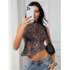 image:imageRoseSeek Womens Sheer Mesh Mock Neck Crop Tank Tops Sleeveless Asymmetrical Hem Summer Going Out Tops ClubwearCold Cheetah