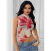 image:imageRoseSeek Womens Sheer Mesh Mock Neck Crop Tank Tops Sleeveless Asymmetrical Hem Summer Going Out Tops ClubwearMulticolor Floral