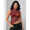 image:imageRoseSeek Womens Sheer Mesh Mock Neck Crop Tank Tops Sleeveless Asymmetrical Hem Summer Going Out Tops ClubwearMulticolor Red