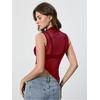 image:imageRoseSeek Womens Sheer Mesh Mock Neck Crop Tank Tops Sleeveless Asymmetrical Hem Summer Going Out Tops ClubwearRed