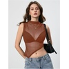 image:imageRoseSeek Womens Sheer Mesh Mock Neck Crop Tank Tops Sleeveless Asymmetrical Hem Summer Going Out Tops ClubwearWarm Brown