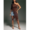 image:imageRoseSeek Womens Sheer Poncho Top Lightweight Shrug Bolero Asymmetrical Mesh Beach Cover Ups BeachwearBrown