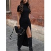 image:imageRoseSeek Womens Short Sleeve Maxi T Shirt Dress Mock Neck Ruched High Slit Long Casual Summer Tee DressesBlack