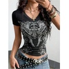 image:imageRoseSeek Womens Sparkly Rhinestone Y2K Gothic Graphic V Neck Slim Fit Tee Grunge Vintage Crop Tops TrendyBlack