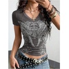 image:imageRoseSeek Womens Sparkly Rhinestone Y2K Gothic Graphic V Neck Slim Fit Tee Grunge Vintage Crop Tops TrendyDark Grey