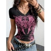 image:imageRoseSeek Womens Sparkly Rhinestone Y2K Gothic Graphic V Neck Slim Fit Tee Grunge Vintage Crop Tops TrendyPink and Black