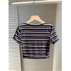 image:imageRoseSeek Womens Striped Colorblock T Shirt Short Sleeve Crew Neck Ribbed Knit Crop TopsBlack