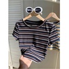 image:imageRoseSeek Womens Striped Colorblock T Shirt Short Sleeve Crew Neck Ribbed Knit Crop TopsBlack