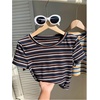 image:imageRoseSeek Womens Striped Colorblock T Shirt Short Sleeve Crew Neck Ribbed Knit Crop TopsBlack