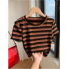 image:imageRoseSeek Womens Striped Colorblock T Shirt Short Sleeve Crew Neck Ribbed Knit Crop TopsBlack Orange