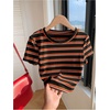 image:imageRoseSeek Womens Striped Colorblock T Shirt Short Sleeve Crew Neck Ribbed Knit Crop TopsBlack Orange