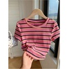 image:imageRoseSeek Womens Striped Colorblock T Shirt Short Sleeve Crew Neck Ribbed Knit Crop TopsHot Pink