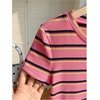 image:imageRoseSeek Womens Striped Colorblock T Shirt Short Sleeve Crew Neck Ribbed Knit Crop TopsHot Pink