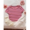 image:imageRoseSeek Womens Striped Colorblock T Shirt Short Sleeve Crew Neck Ribbed Knit Crop TopsHot Pink