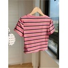 image:imageRoseSeek Womens Striped Colorblock T Shirt Short Sleeve Crew Neck Ribbed Knit Crop TopsHot Pink