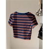 image:imageRoseSeek Womens Striped Colorblock T Shirt Short Sleeve Crew Neck Ribbed Knit Crop TopsMulticolor