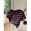 image:imageRoseSeek Womens Striped Colorblock T Shirt Short Sleeve Crew Neck Ribbed Knit Crop TopsMulticolor