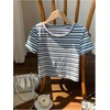 image:imageRoseSeek Womens Striped Colorblock T Shirt Short Sleeve Crew Neck Ribbed Knit Crop TopsWhite Blue