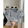 image:imageRoseSeek Womens Striped Colorblock T Shirt Short Sleeve Crew Neck Ribbed Knit Crop TopsWhite Blue