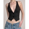 image:imageRoseSeek Womens Striped Cut Out Open Back Waistcoat Button Down V Neck Sleeveless Crop Vest TopBlack