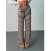 image:imageRoseSeek Womens Striped Foldover Pants Ribbed Knit Wide Leg Pants Elastic High Waisted Casual Lounge TrousersCoffee Brown