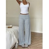 image:imageRoseSeek Womens Striped Foldover Pants Ribbed Knit Wide Leg Pants Elastic High Waisted Casual Lounge TrousersLight Grey