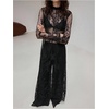 image:imageRoseSeek Womens Summer Goth Floral Lace Sheer Dress Elegant Ruffle Long Sleeve Mock Neck Maxi DressesBlack