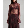 image:imageRoseSeek Womens Summer Goth Floral Lace Sheer Dress Elegant Ruffle Long Sleeve Mock Neck Maxi DressesBurgundy