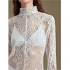 image:imageRoseSeek Womens Summer Goth Floral Lace Sheer Dress Elegant Ruffle Long Sleeve Mock Neck Maxi DressesWhite