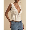 image:imageRoseSeek Womens Tie Front Deep V Neck Peplum Tops Lace Trim Sleeveless Satin Crop Tank TopApricot