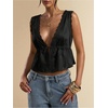 image:imageRoseSeek Womens Tie Front Deep V Neck Peplum Tops Lace Trim Sleeveless Satin Crop Tank TopBlack
