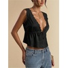 image:imageRoseSeek Womens Tie Front Deep V Neck Peplum Tops Lace Trim Sleeveless Satin Crop Tank TopBlack