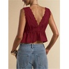 image:imageRoseSeek Womens Tie Front Deep V Neck Peplum Tops Lace Trim Sleeveless Satin Crop Tank TopBurgundy