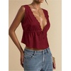 image:imageRoseSeek Womens Tie Front Deep V Neck Peplum Tops Lace Trim Sleeveless Satin Crop Tank TopBurgundy