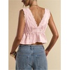 image:imageRoseSeek Womens Tie Front Deep V Neck Peplum Tops Lace Trim Sleeveless Satin Crop Tank TopCoral Pink