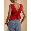 image:imageRoseSeek Womens Tie Front Deep V Neck Peplum Tops Lace Trim Sleeveless Satin Crop Tank TopRed