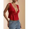 image:imageRoseSeek Womens Tie Front Deep V Neck Peplum Tops Lace Trim Sleeveless Satin Crop Tank TopRed