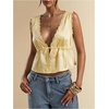image:imageRoseSeek Womens Tie Front Deep V Neck Peplum Tops Lace Trim Sleeveless Satin Crop Tank TopYellow