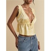 image:imageRoseSeek Womens Tie Front Deep V Neck Peplum Tops Lace Trim Sleeveless Satin Crop Tank TopYellow
