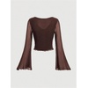 image:imageRoseSeek Womens Tie Front V Neck Sheer Mesh Tops Long Flounce Sleeve Asymmetrical Hem T ShirtBrown