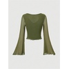 image:imageRoseSeek Womens Tie Front V Neck Sheer Mesh Tops Long Flounce Sleeve Asymmetrical Hem T ShirtGreen