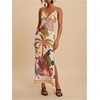 image:imageRoseSeek Womens Tropical Graphic V Neck Midi Dresses Sleeveless Split Beach Vacation Cami DressMulticolor Beige